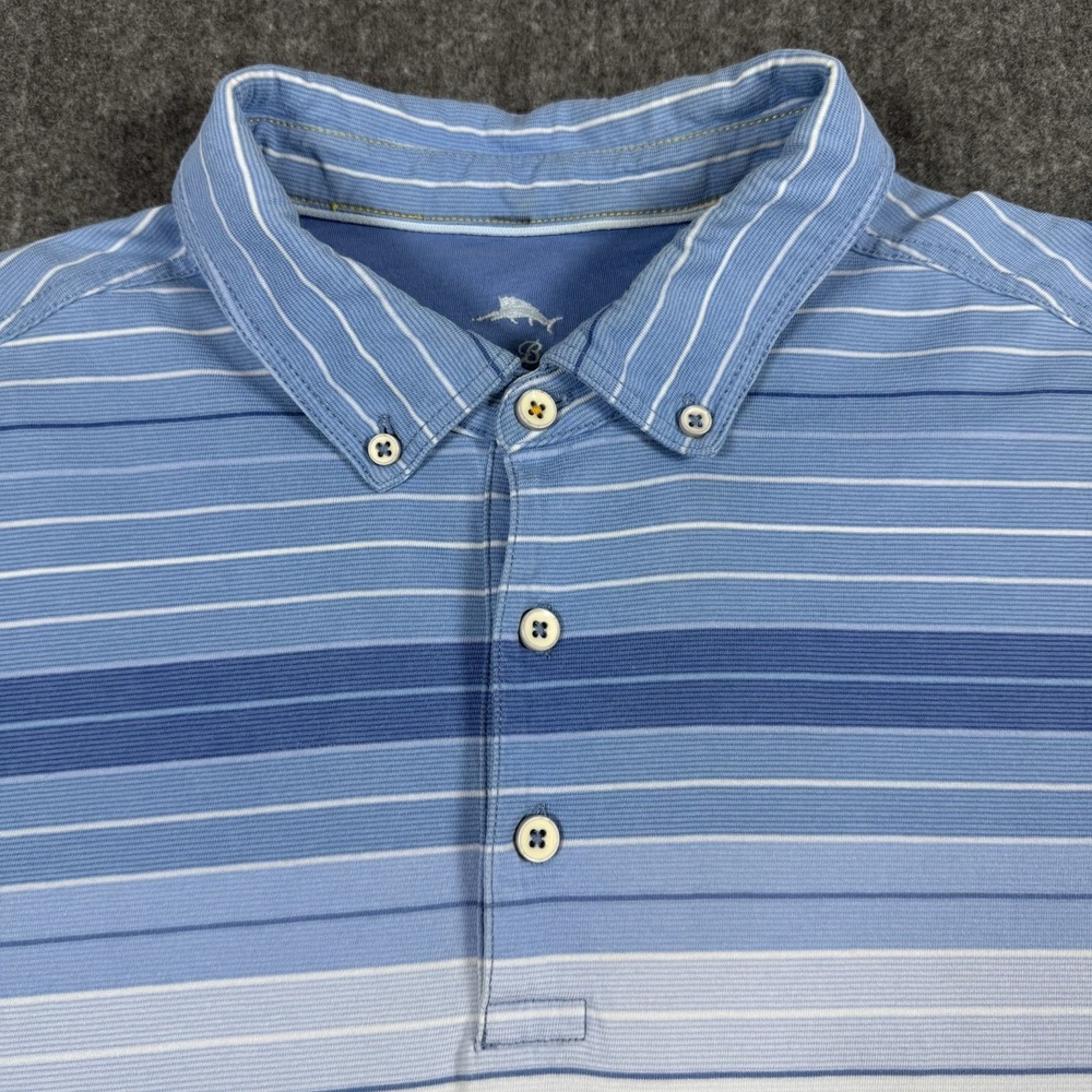 Tommy Bahama Men's L Blue White Striped Cotton Polo Shirt Short Sleeve